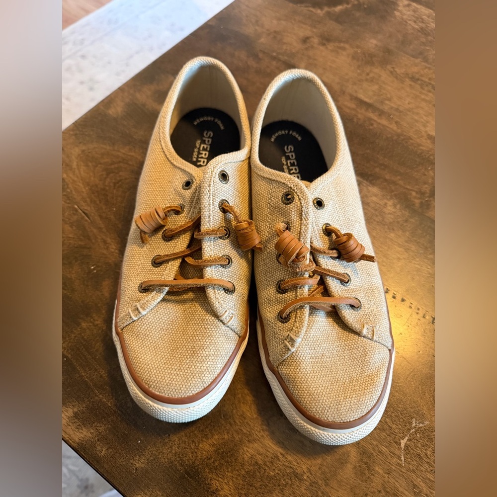 Sperry Seacoast Waxy Canvas Sneakers Women's 7.5 Beige Tan Lace Up Casual Shoes - Picture 2 of 7